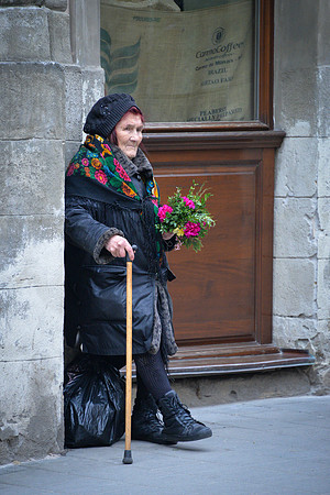 Old Woman with Flowers in Lviv